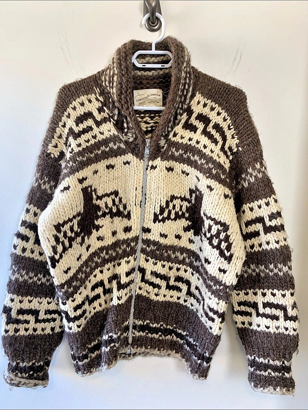 Cowichan Salish Coast Knit Eagle Thick Wool Cardigan in Brown & Cream, Rare